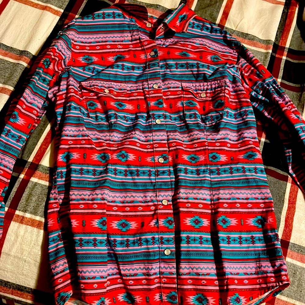 Youth Panhandle rodeo shirt. Pink blue and purple print (youth small)